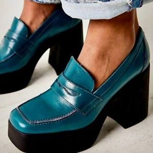 Free People Women's Dark Green Leather Zoe Block Heels Platform Loafers s EU 39
